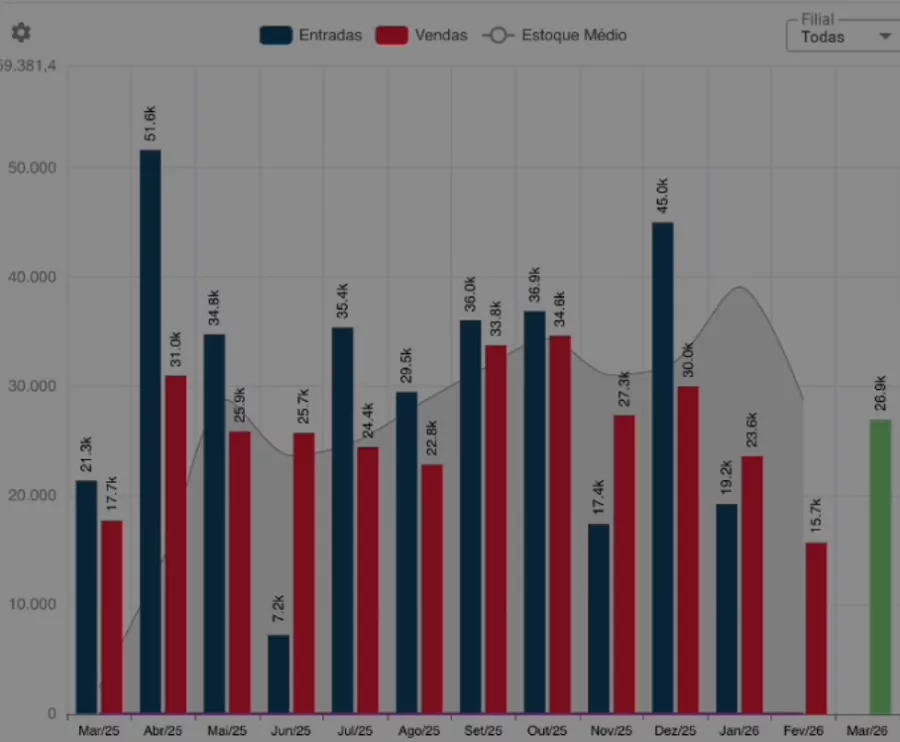 Gráfico do Systock comparando entradas, vendas e estoque médio mês a mês.