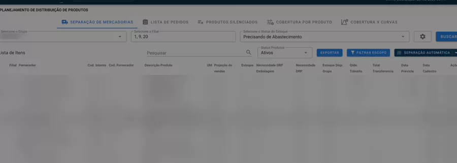 Tela de planejamento de distribuição do Systock, com as abas de separação de mercadorias, lista de pedidos e cobertura por produto.